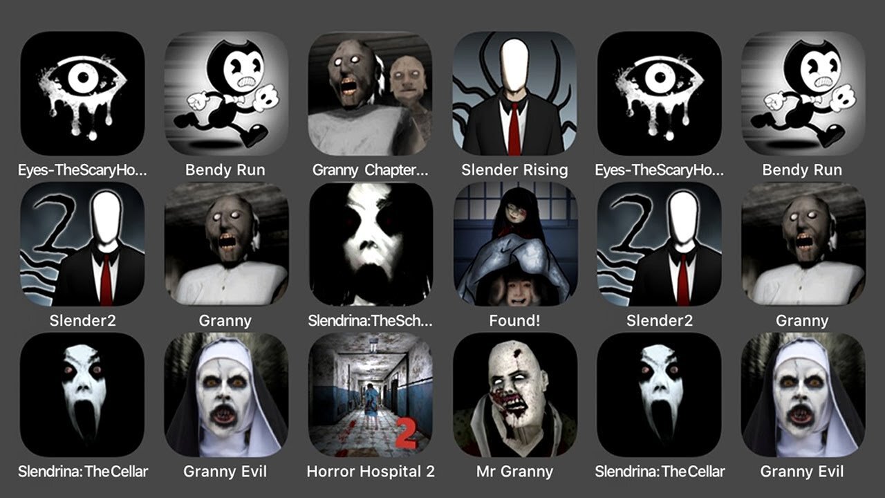 Eyes The Scary Horror Game, Bendy In Nightmare Run, Granny 2, Slender Rising, Slender 2, Granny 1...