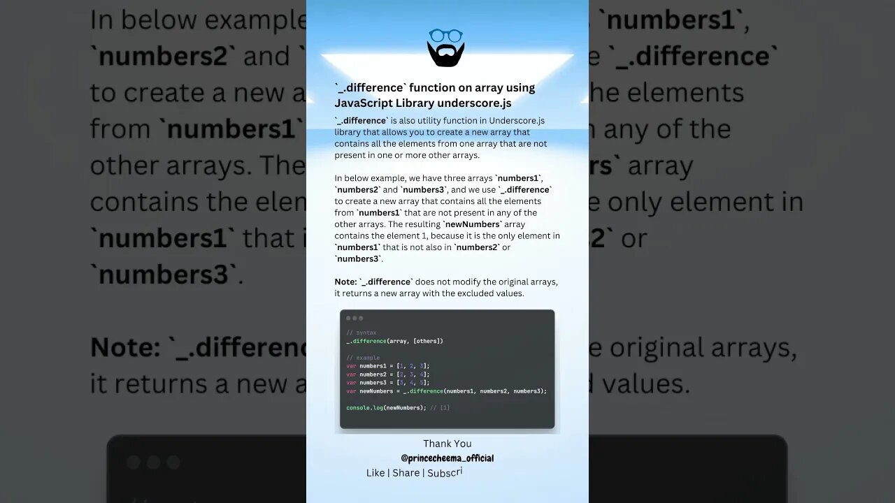 `_.difference` function on array using JavaScript Library underscore.js ( #shorts )