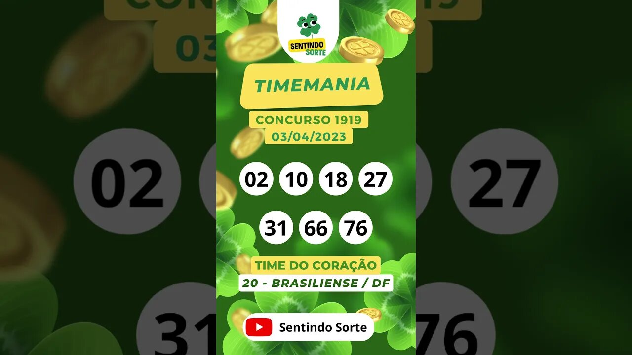 🍀 Resultado TIMEMANIA 1919 | 04/04/23 | Sentindo Sorte #shorts