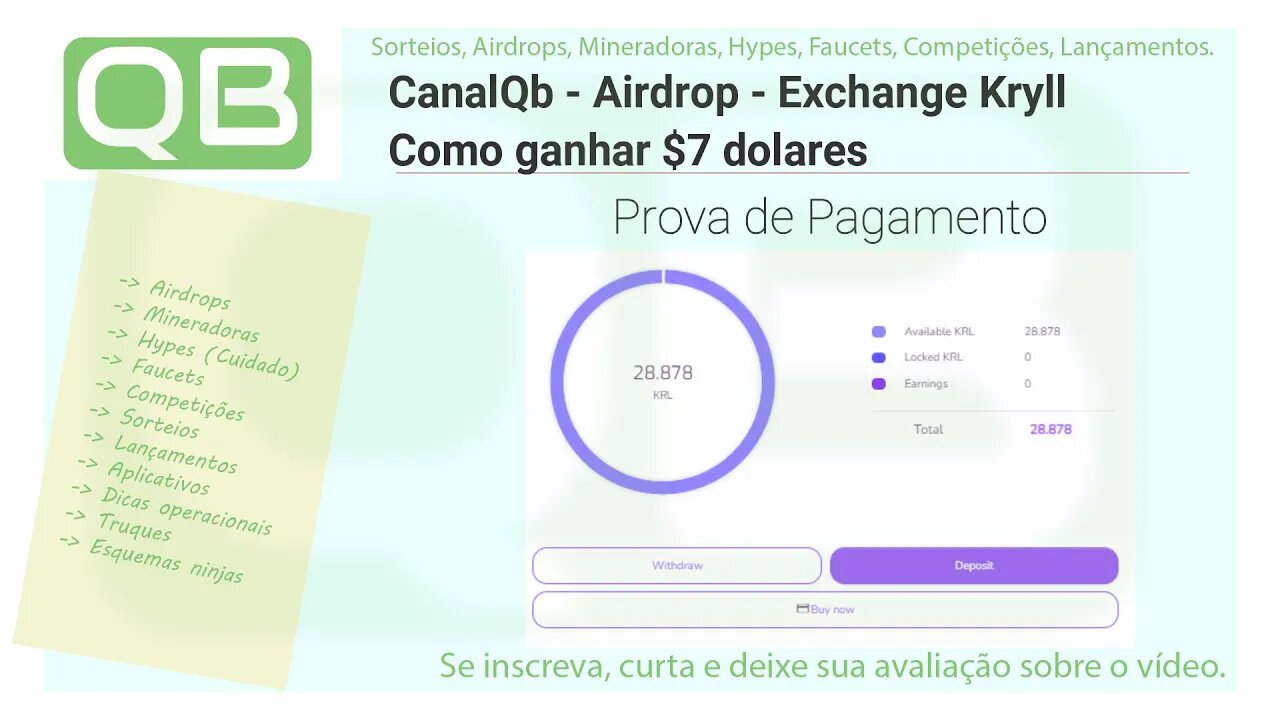 CanalQb - Airdrop - Exchange Kryll - Como ganhar $7 em KRL para usar como quiser