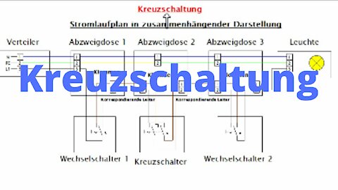 Kreuzschaltung in der Elektroinstallation, Kreuzschalter anschließen, verdrahten, electrical circuit