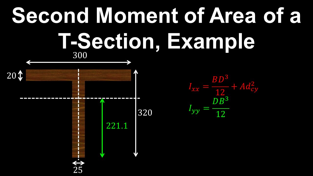 Second Moment of Area, Parallel Axis Theorem, T-Section, Example - Structural Engineering