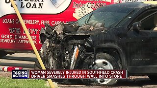 Woman severely injured in Southfield crash, driver smashes through wall