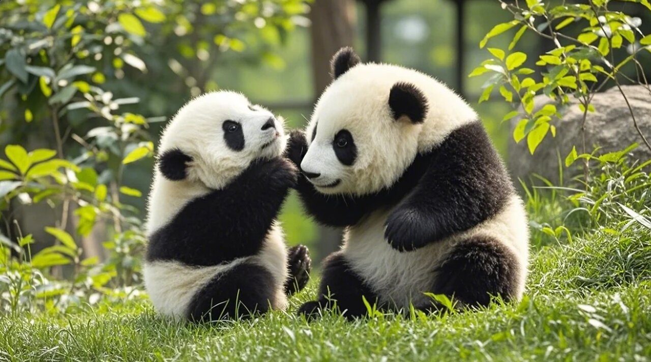 The baby pandas are playing and fighting