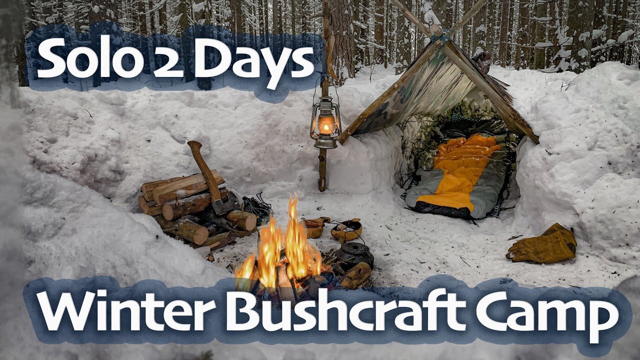 SOLO Two Days WINTER BUSHCRAFT Camp - Shelter in Snowfall - Lavvu Poncho - Spoon Carving