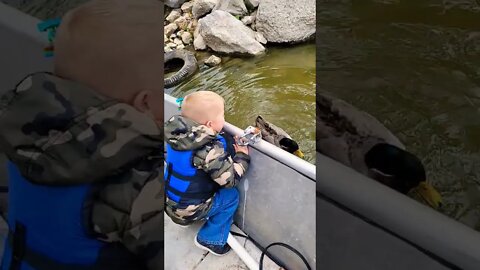 Outdoor Johnny hand feeding a duck. That laugh