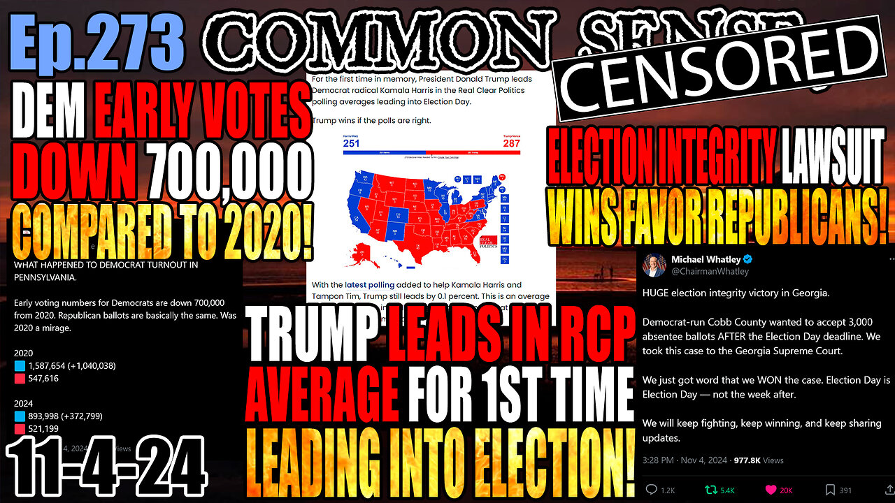 Ep.273 Trump Leads In RCP Average Heading Into Election Day! Dem Early Votes DOWN 700K IN PA! Election Integrity Lawsuit Wins Favor Republicans!