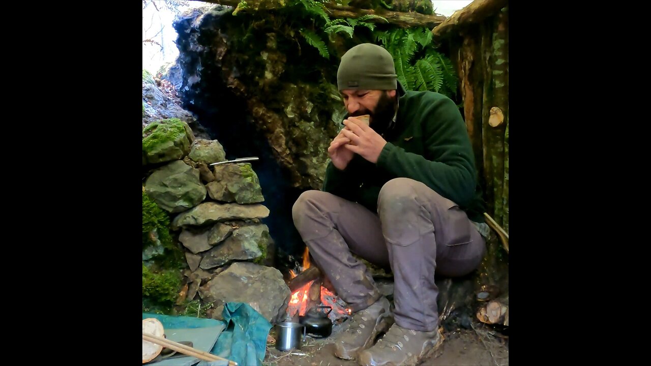 Winter camping in a bushcraft shelter