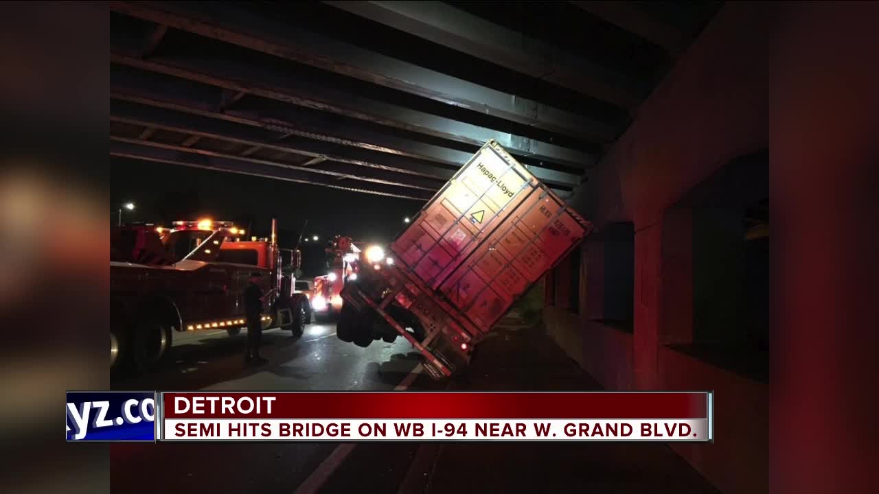 Semi hits bridge on westbound I-94 at Warren in Detroit