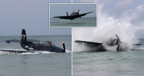 WWII plane crash lands Close to Shore at Busy Beach During Florida Air Show--no injured