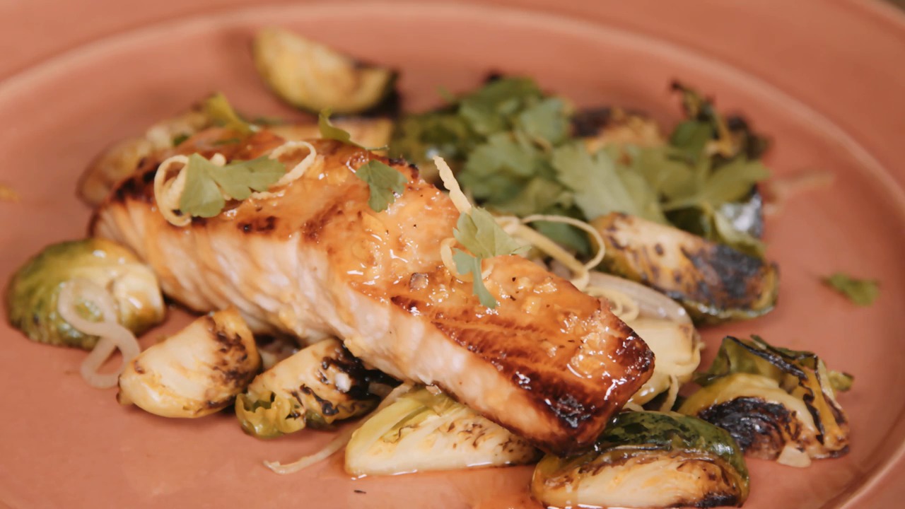 Mike's Hot Honey Oven Roasted Verlasso Salmon, Charred Brussels Sprouts