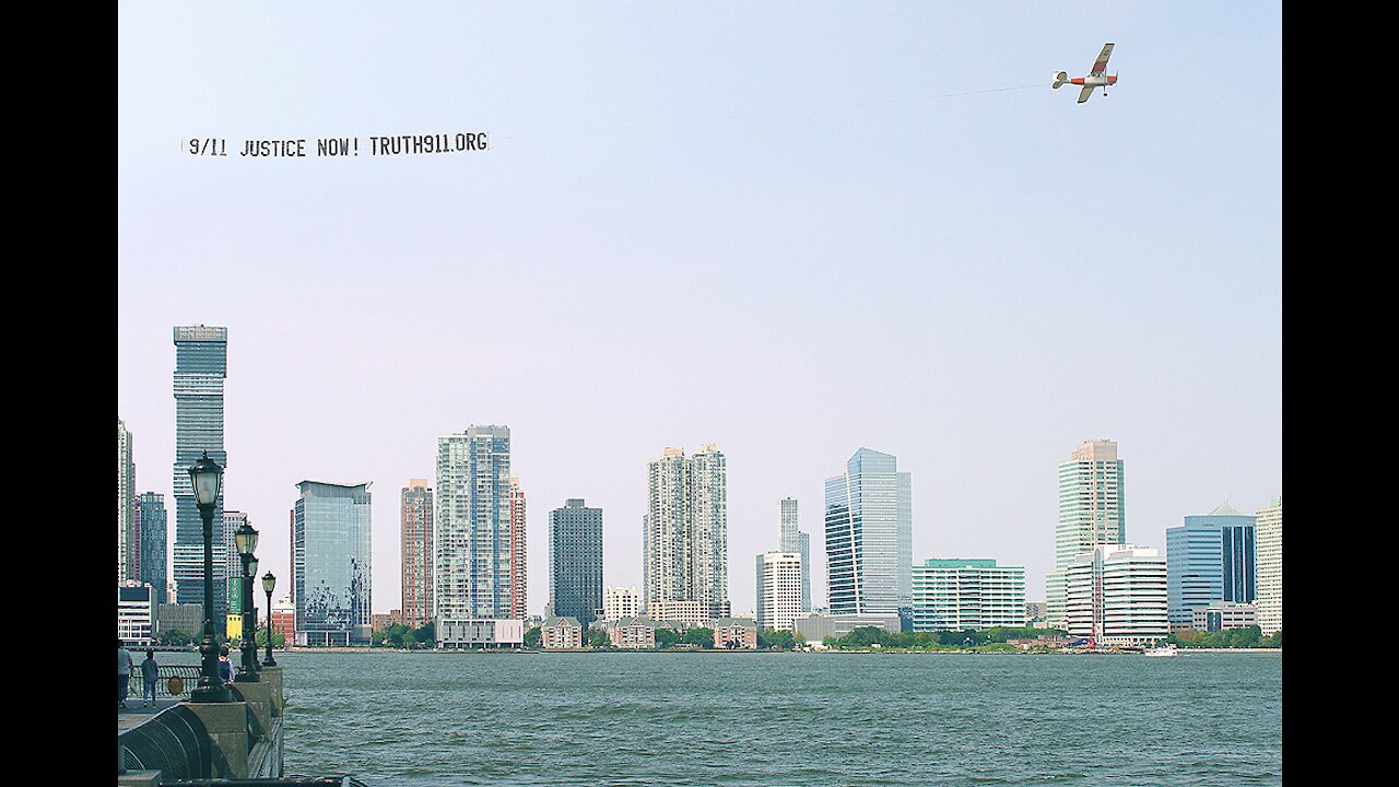 Truth911.org Plane pulling banner near Verrazano Bridge NYC Sept 12, 2021