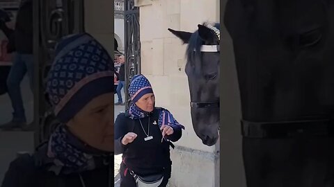 Karen picks hay out of the horses mouth #horseguardsparade