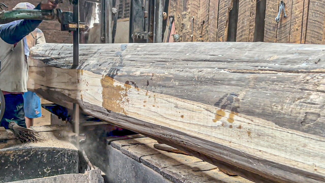 extreme sawing teak wood at sawmill factory