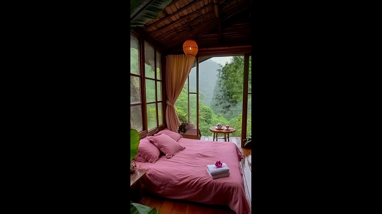 Snuggle up in a plush pink bedsheet, surrounded by the soothing sounds of a thunderstorm.