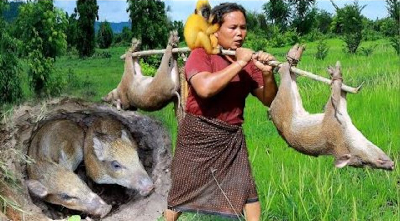 woman ride boat to fishing & Catch two pig -Eating delicious HD