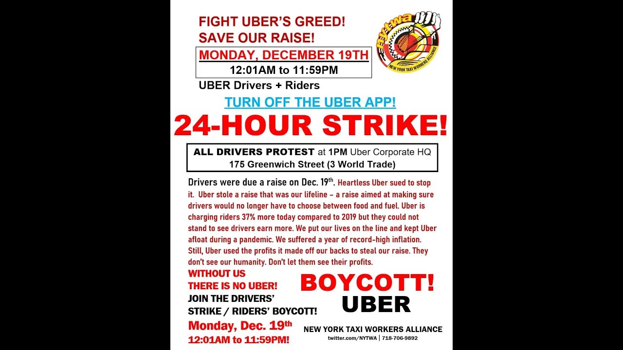 #UberStrike Rally outside 3wtc hosted by @NYTWA 12/19/22 Jessica Ramos,Shekar Krishan,Jaslin Kaur