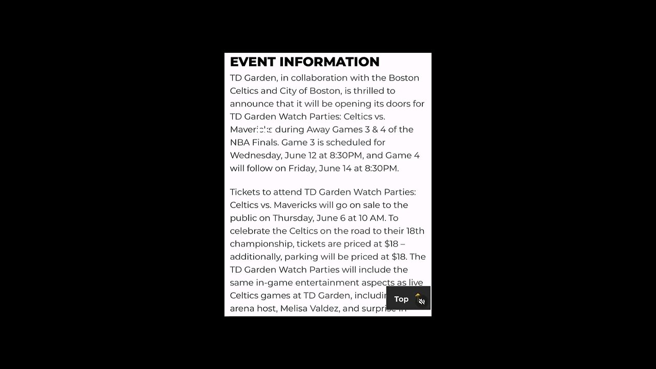 EVENT INFORMATION FOR THE BOSTON CELTICS NBA FINALS GAMES