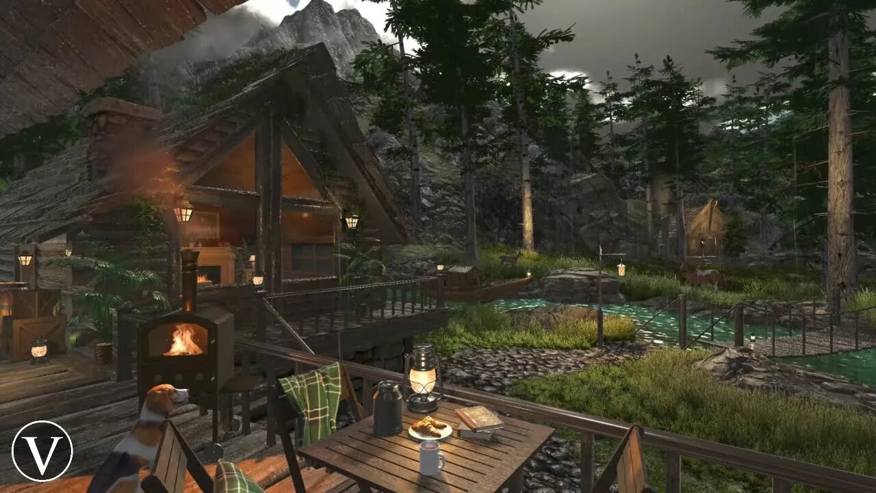 Forest Cabin | Thunderstorm & Calm Summer Night Ambience | Firepit, River, Rain & Nature Sounds