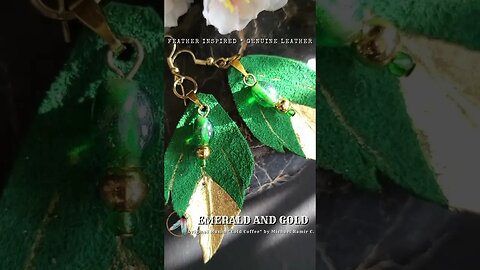EMERALD AND GOLD, 2 inch, leather feather earrings
