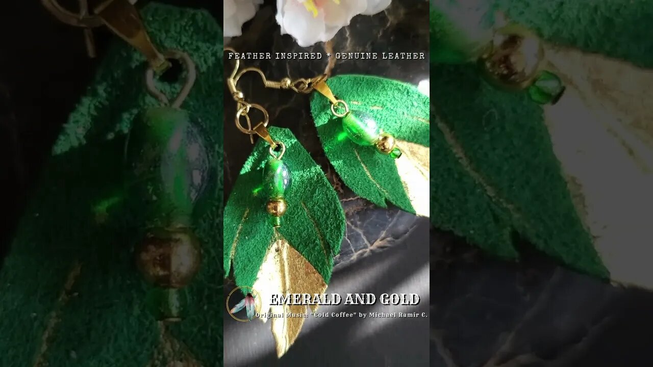 EMERALD AND GOLD, 2 inch, leather feather earrings