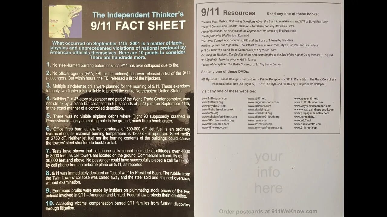 POSTCARD REVIEW : The Independent Thinker's 9/11 FACT SHEET