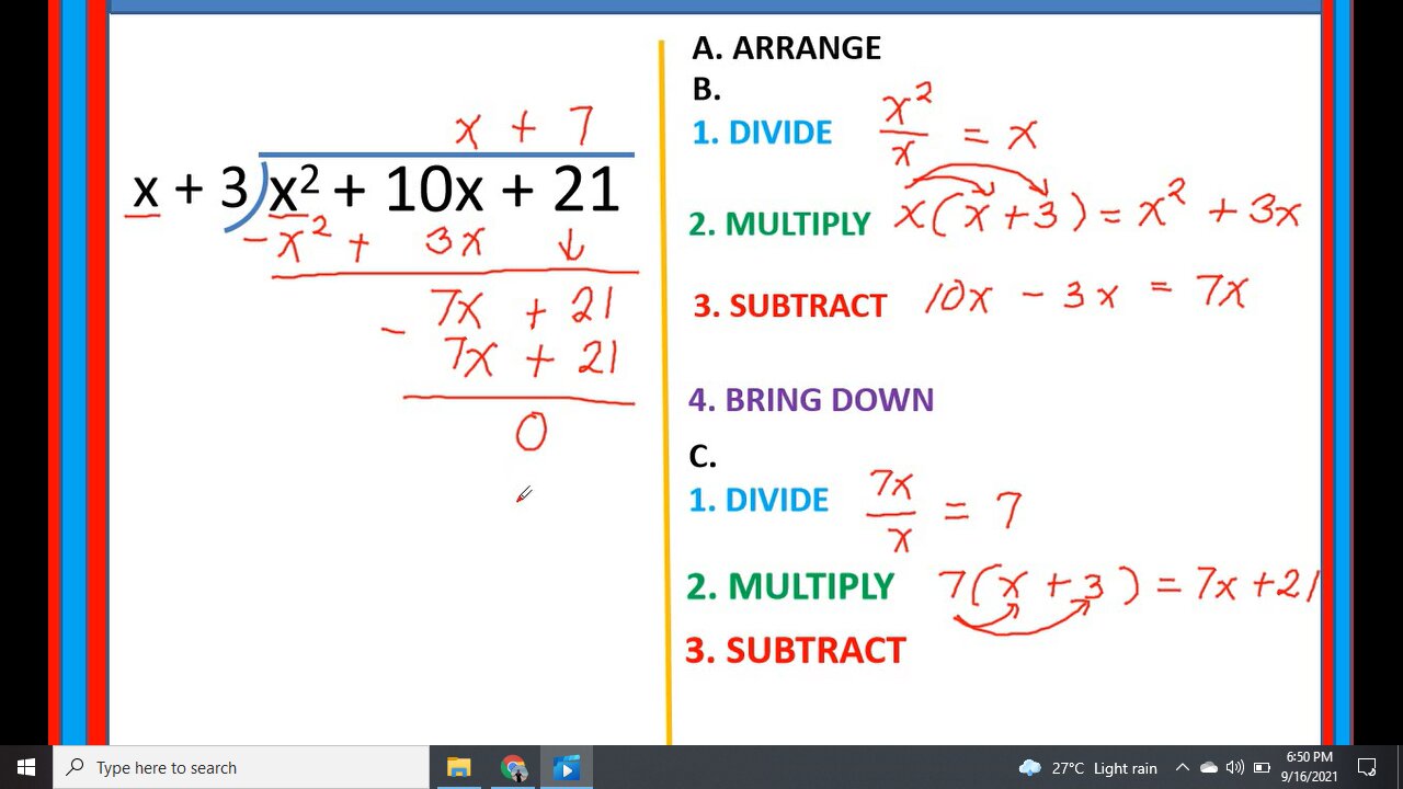 DIVISION OF POLYNOMIALS BY LONG DIVISION METHOD