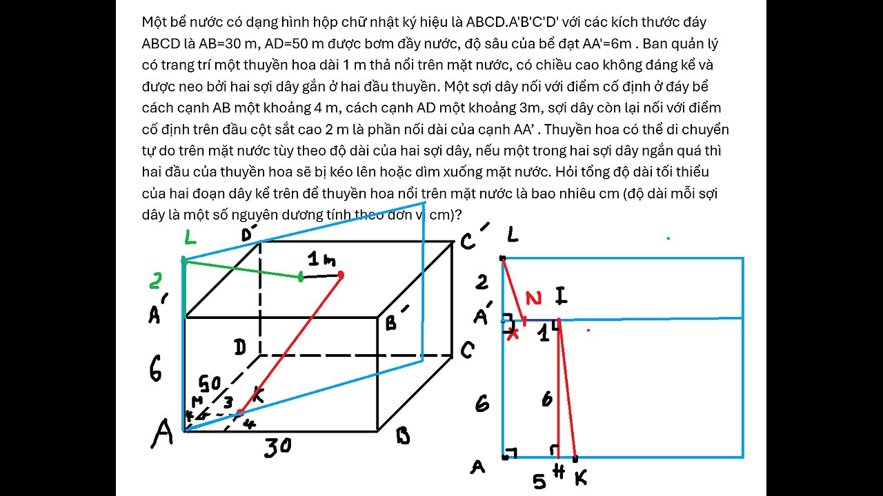 Một bể nước có dạng hình hộp chữ nhật ký hiệu là ABCD.A'B'C'D' với các kích thước đáy ABCD