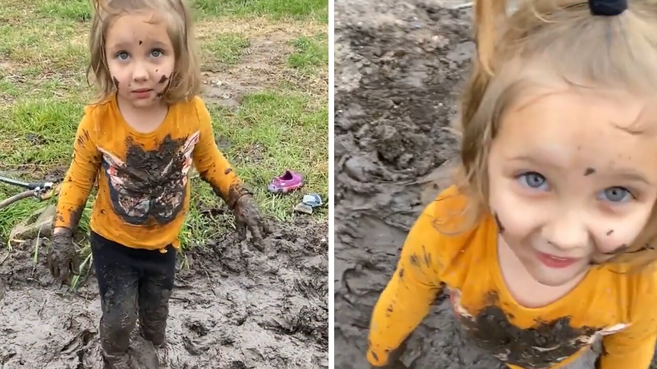 Little Girl Has The Time Of Her Life Playing In The Mud