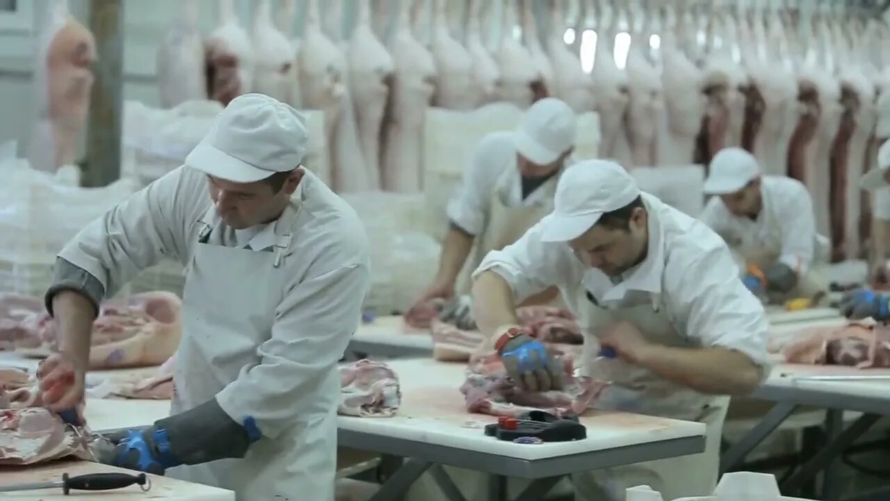 Butcher Cutting Pork Meat in Meat Factory. Fresh raw pork chops in meat factory. Meat processing in