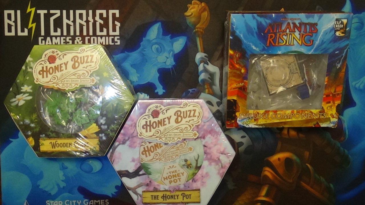 Atlantis Rising Deluxe Components, Honey Buzz Wooden Coins & Honey Pot Expansion Unboxing Promos