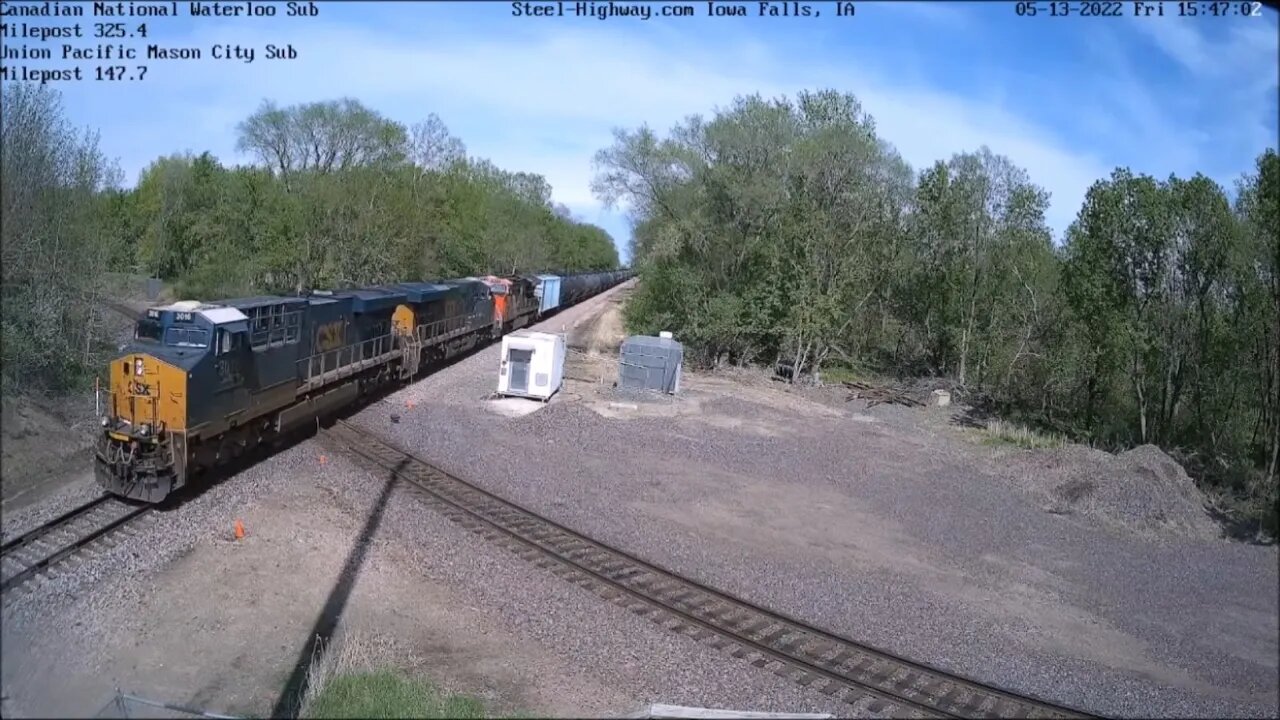 WB CN U703 Empty Ethanol with CSX Leading at Cedar Falls Junction and Mills Tower on May 13, 2022