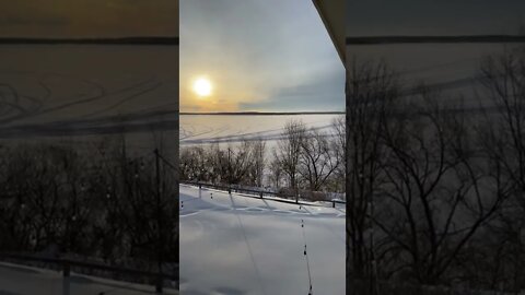 Snowmobile tracks on Lake Superior.