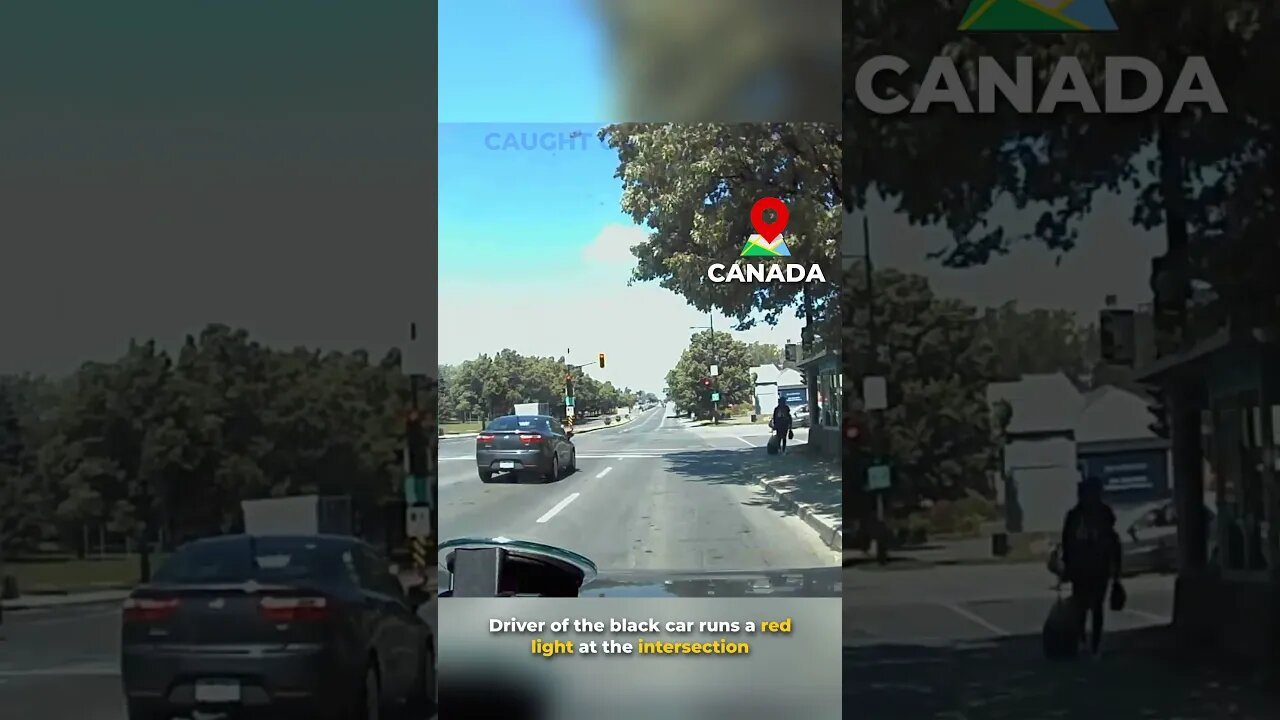 Driver of the black car runs a red light at the intersection!
