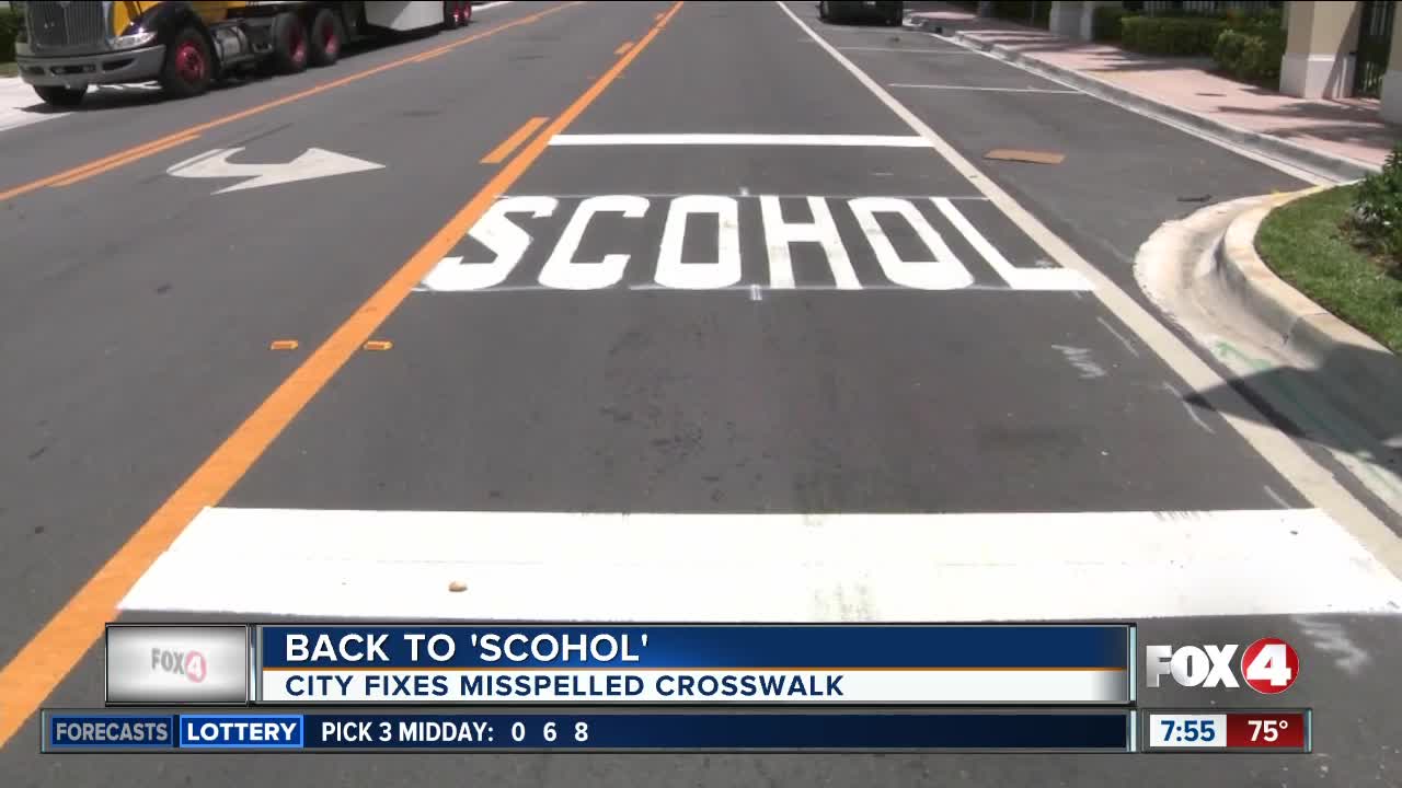 Road crew misspells 'school' in school crossing