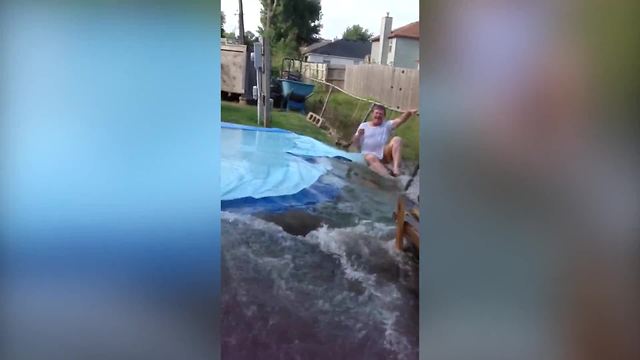 Man Slices Holes Into A Pool And The Water Flow Knocks Him Down