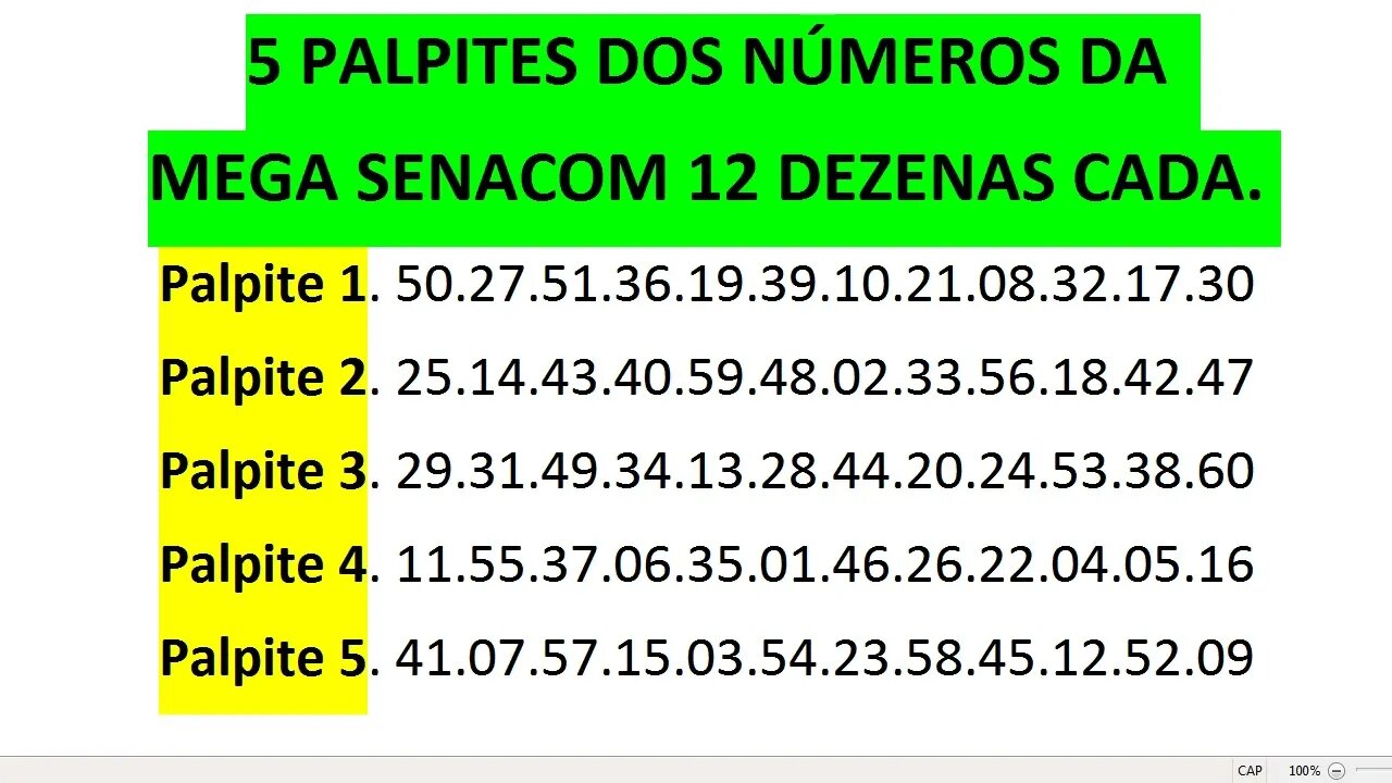 5 PALPITES DOS NÚMEROS DA MEGA SENA COM 12 DEZENAS CADA CÓD 1