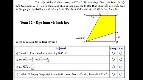 Toán 12: Trên một mảnh vườn hình vuông ABCD có diện tích bằng 100m^2, Bác bình đặ