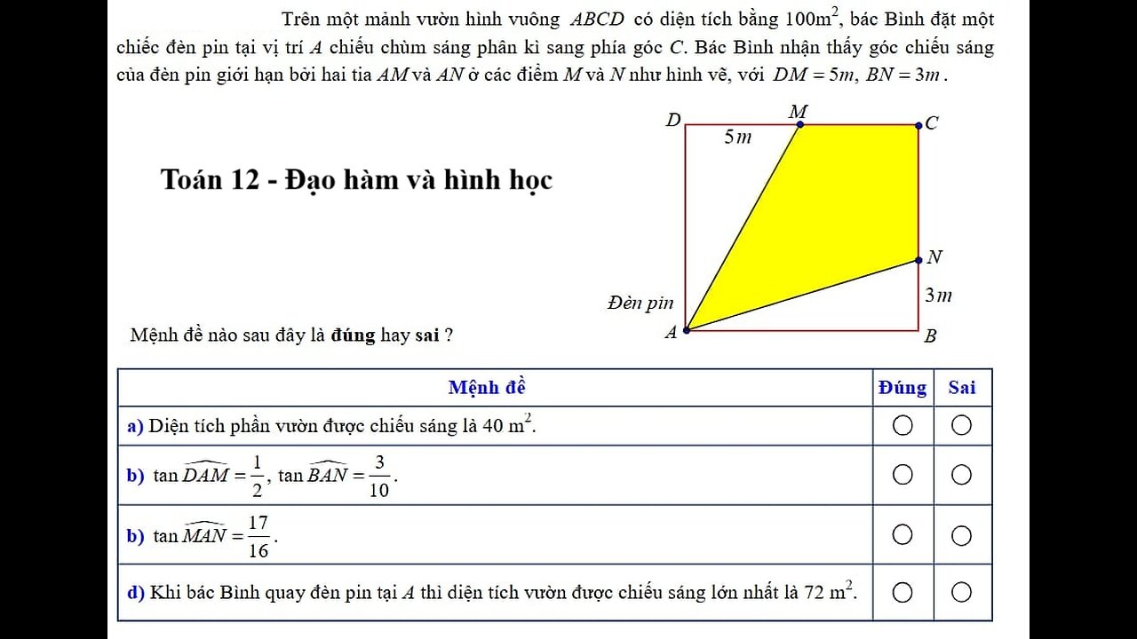 Toán 12: Trên một mảnh vườn hình vuông ABCD có diện tích bằng 100m^2, Bác bình đặ