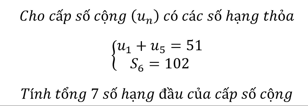 Cho cấp số cộng (u_n ) có các số hạng thỏa {█(u_1+u_5=51@S_6=102)┤ Tính tổng 7 số hạng