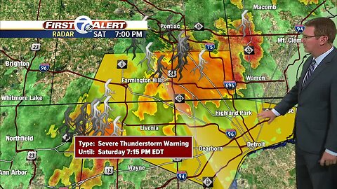 Severe thunderstorm warning issued for counties, including Oakland Co., Livingston Co., and St. Clair