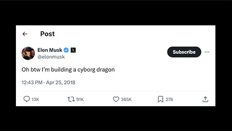 Cyborg Dragon | "Oh btw I’m building a cyborg dragon." - Elon Musk - April 25th 2024 + https://x.com/elonmusk/status/989198118666162176 + Discover 42 Alarming X Posts Related to Elon Musk