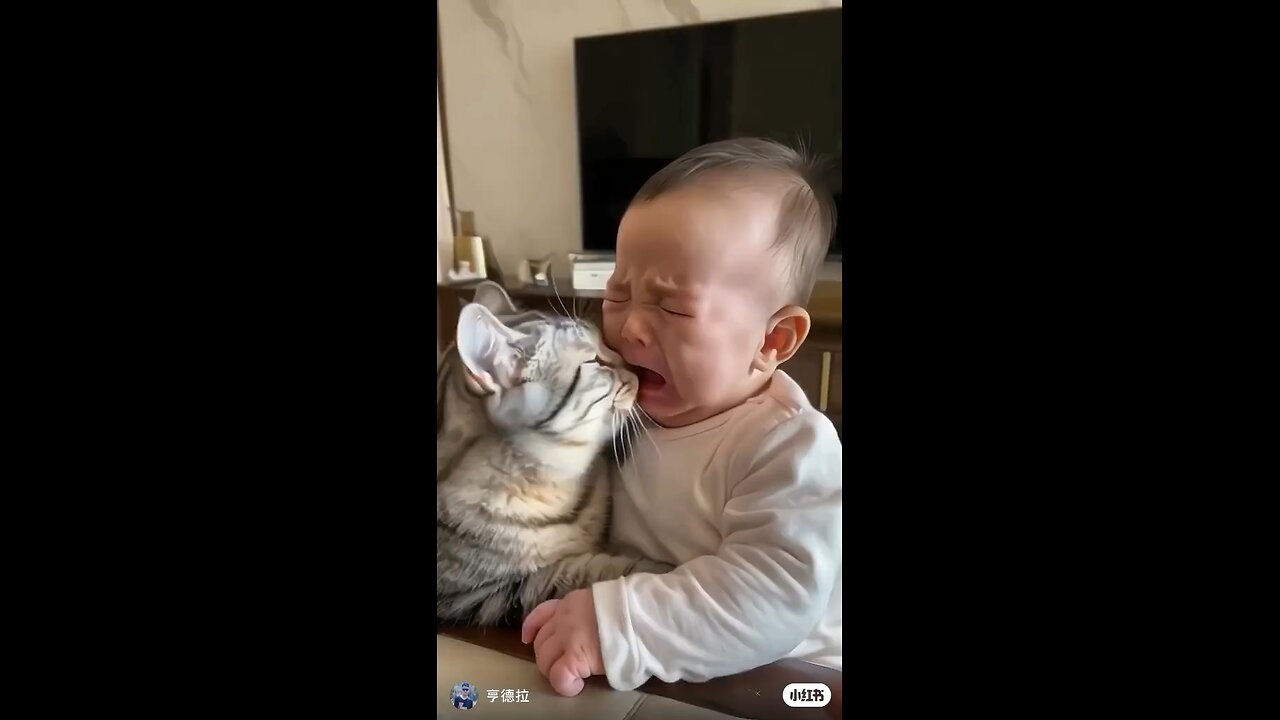 crying baby with cat