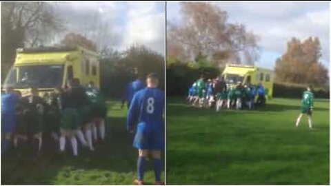 Rival soccer teams join together to free an ambulance stuck in the mud