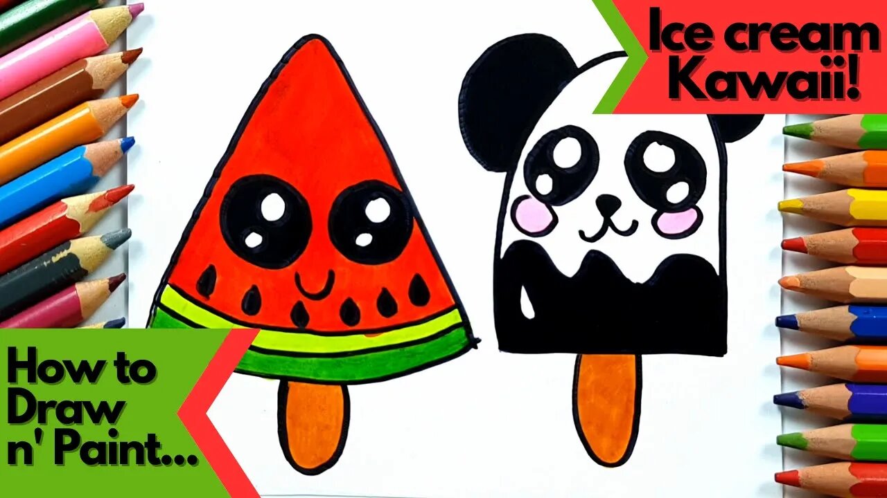 How to Draw and Paint Kawaii Watermelon and Panda Popsicles