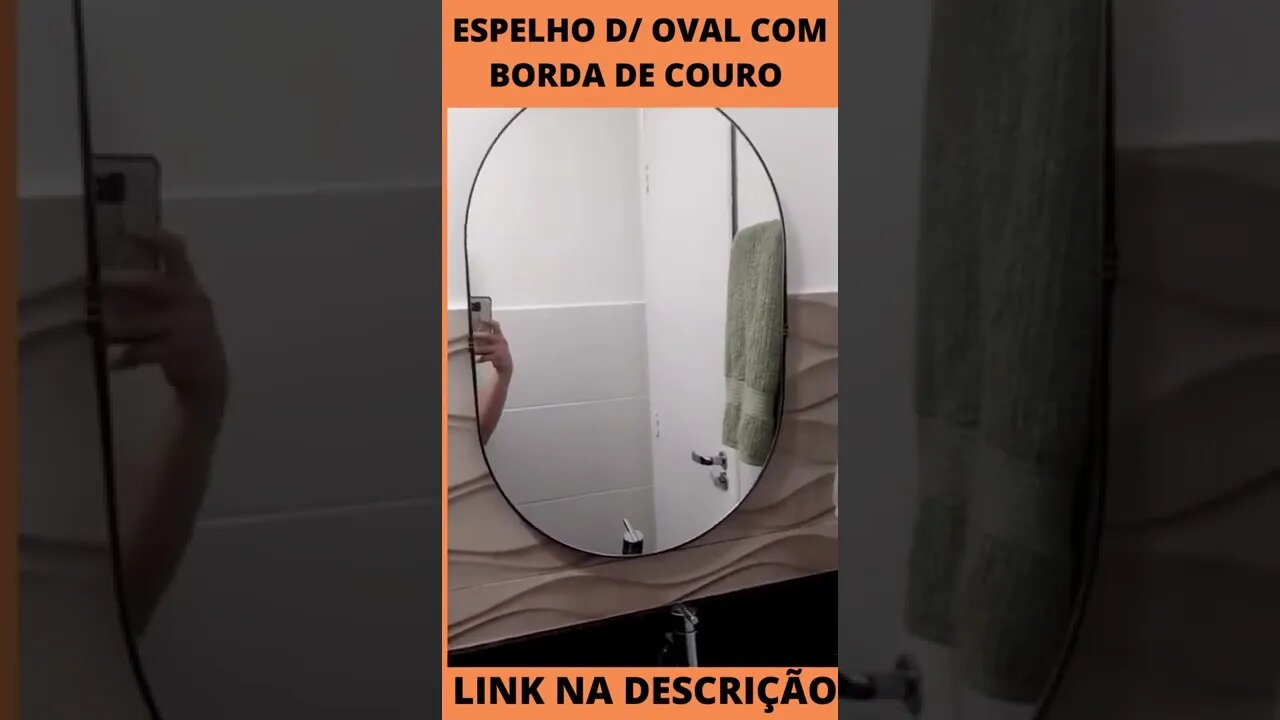 Espelho decorativo oval com borda de couro + suporte Grátis