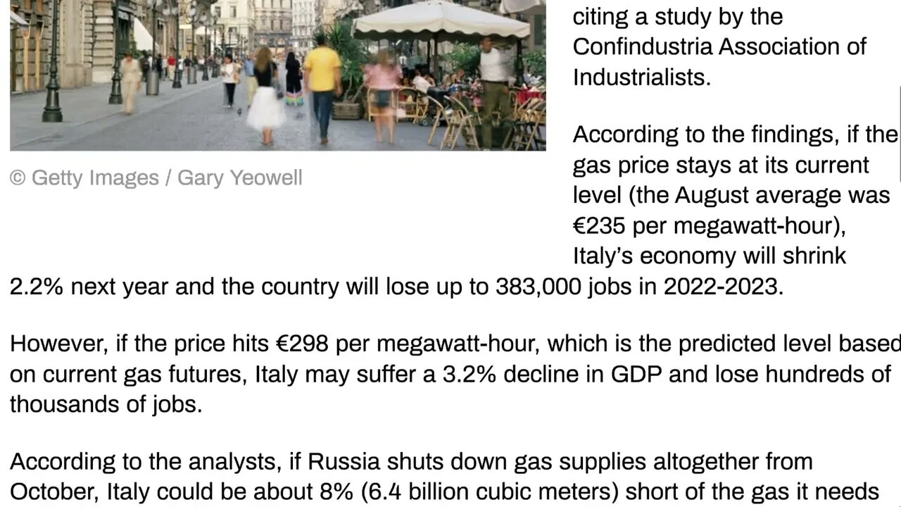天然氣短缺將扼殺經濟增長 ，意大利可能會失去 50 萬個工作崗位