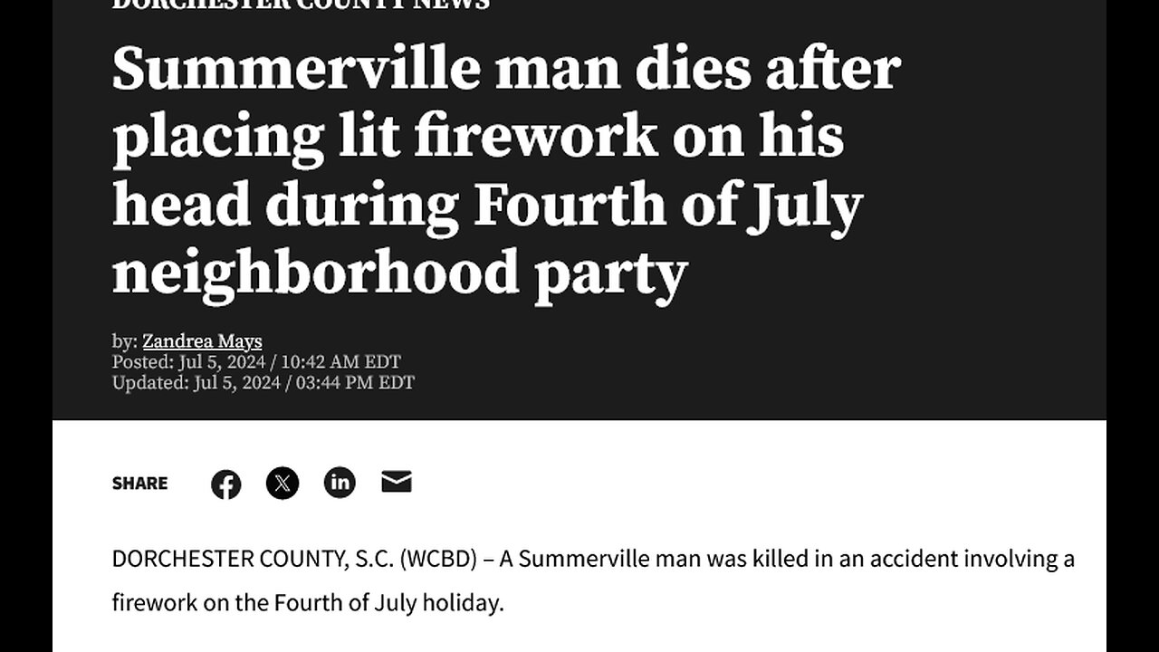 Man dies after placing lit firework on his head