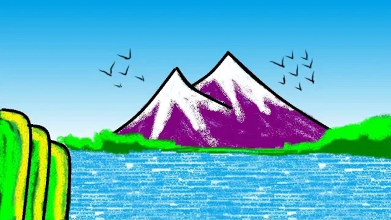 How to Draw Super Easy Nature Scenery for Beginners in MS Paint - Simple Landscape of Lake Drawing