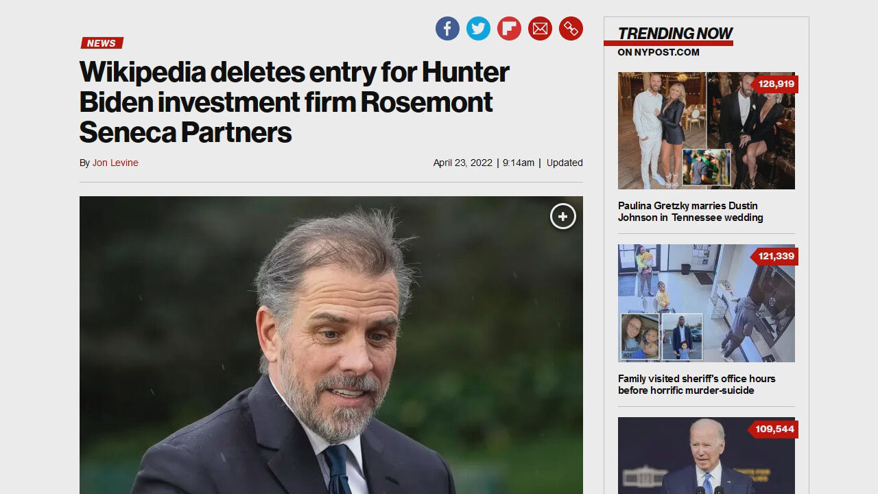 HIDING TRUTH - Wikipedia deletes entry for Hunter Biden investment firm Rosemont Seneca Partners